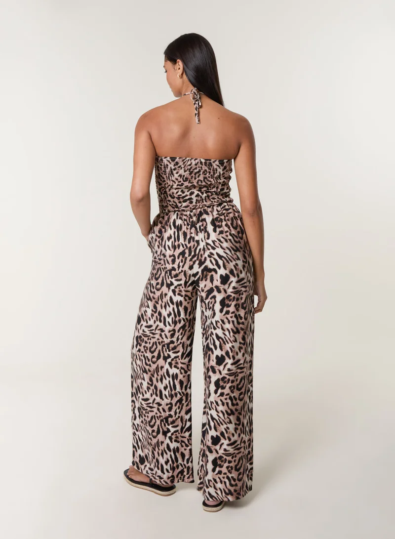 Blue Vanilla Leopard Print Shirred Waist Jumpsuit